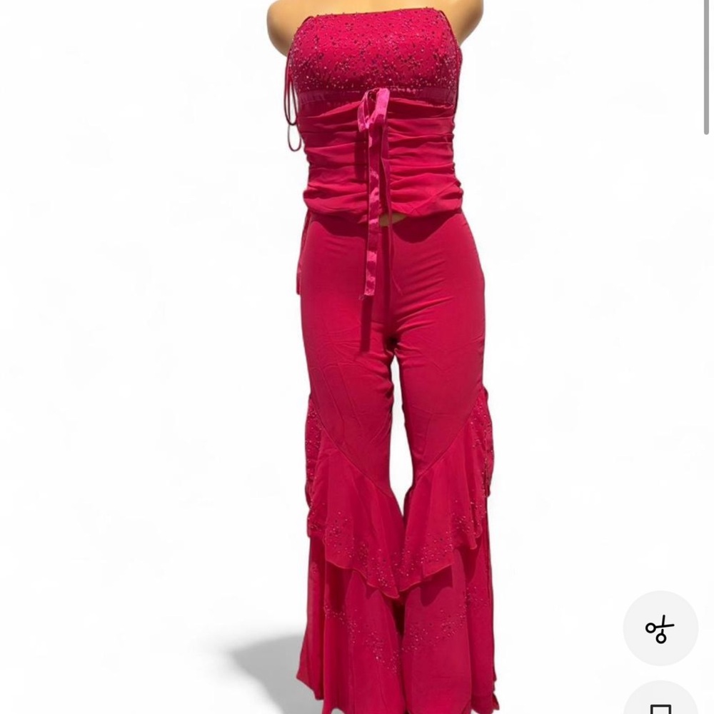Strapless Fuchsia Ruffle Wide-Leg Jumpsuit